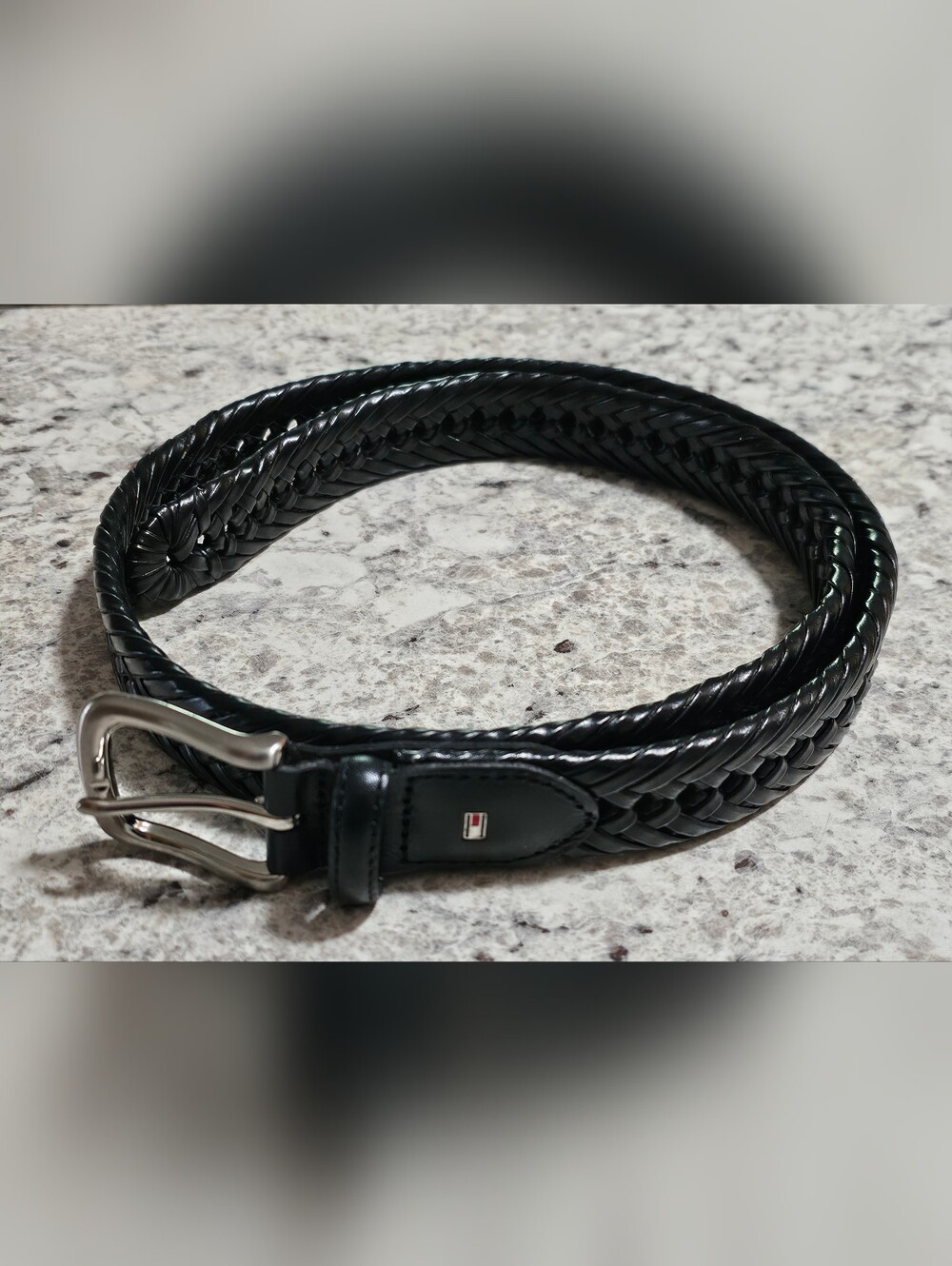 Tommy Hilfiger Men's Black Woven Leather Belt Classic Casual Silver Buckle 38/96